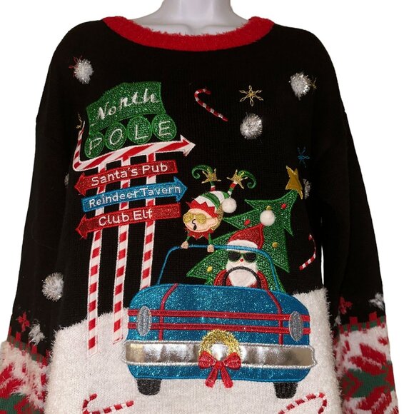 Holiday Time Christmas Sweater Womens L 12 14 Pullover Ugly Funny Santas Pub - Picture 2 of 9